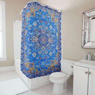 Blue geometric persian turkish mid century pattern shower curtain