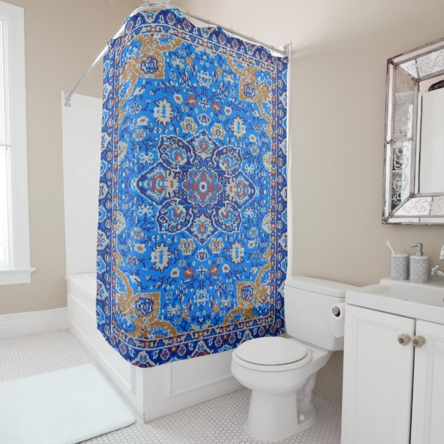 Blue geometric persian turkish mid century pattern shower curtain (In Situ)