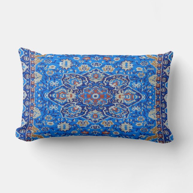 Blue Geometric Persian Turkish Rug Print  Lumbar Pillow (Front)