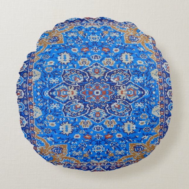 Blue Geometric Persian Turkish Rug Print  Round Pillow (Front)
