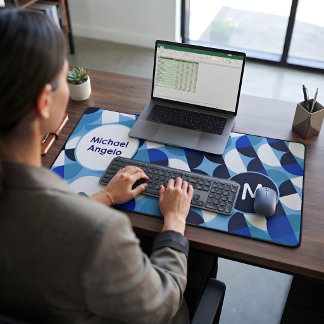 Blue Geometric Personalized Name Monogram Desk Mat