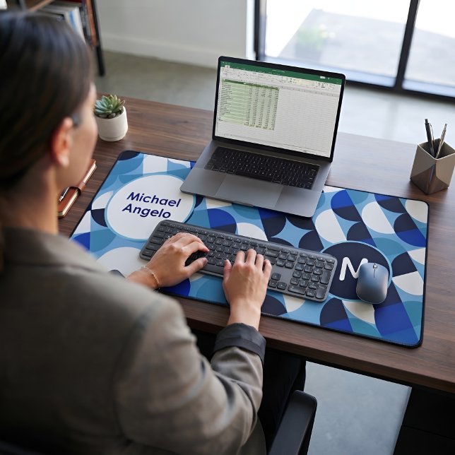 Blue Geometric Personalized Name Monogram Desk Mat (Creator Uploaded)