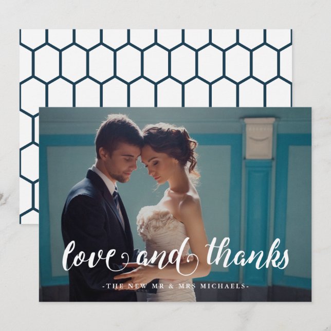 Blue Geometric Print Wedding Thank You Photo (Front/Back)