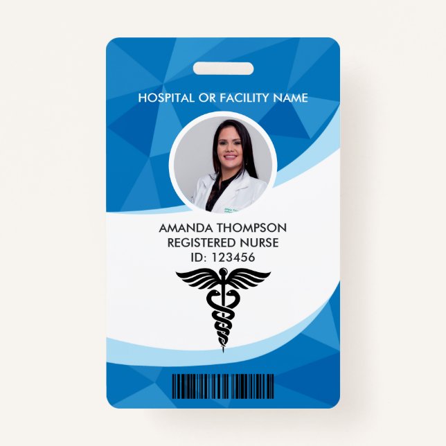 Blue Geometric Registered Nurse Photo ID Badge (Front)