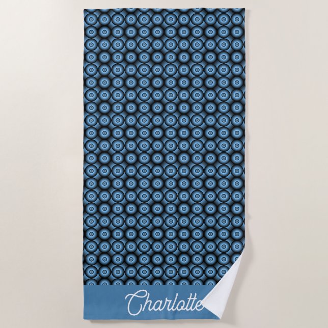 Blue geometric retro circle pattern custom name beach towel (Front)