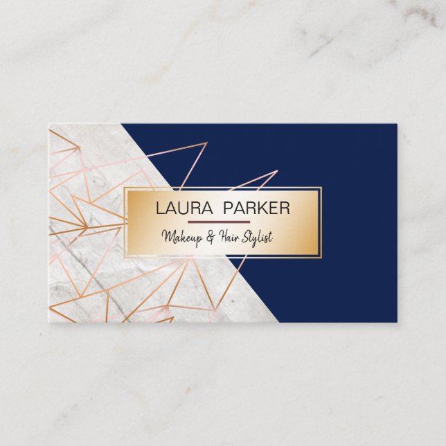 Blue Geometric Rose Gold Professional Construction Business Card (Front)