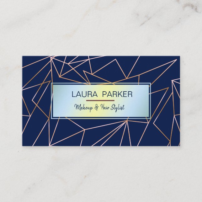 Blue Geometric Rose Gold Professional Construction Business Card (Front)