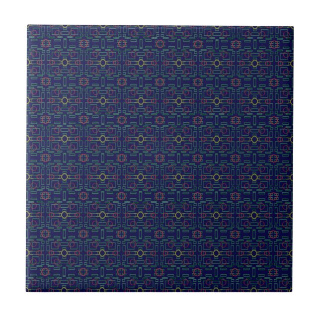 Blue Geometric Squares Ceramic Tile (Front)