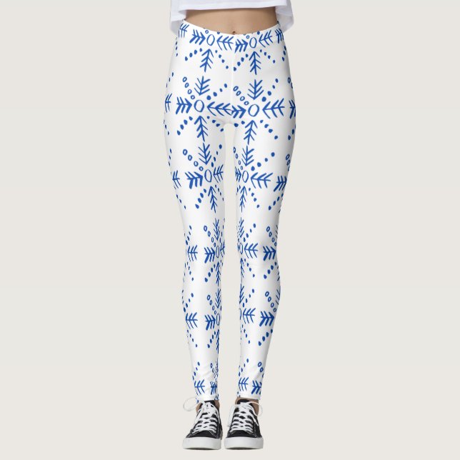Blue geometric symbols pattern  leggings (Front)
