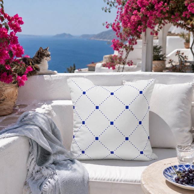 Blue Geometric Throw Pillow Cushion (Greek-inspired blue geometric pillow bringing timeless Mediterranean elegance outdoors.)