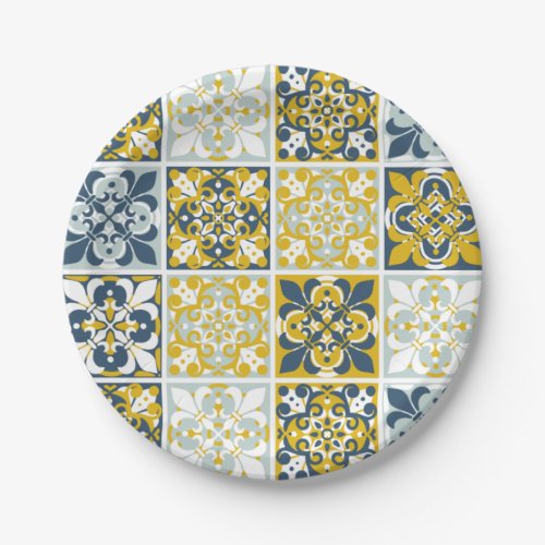  Blue Geometric Tiles Paper Plates