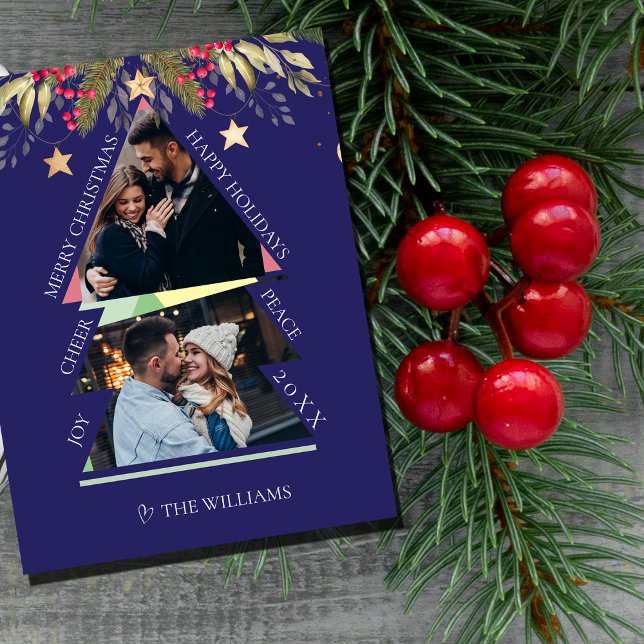Blue Geometric Tree Merry Christmas Photo Card (Merry Christmas Multiple Photo Tree Holiday Card)