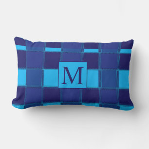  Blue Geometric Unique Gingham Patterns Monograms Lumbar Pillow