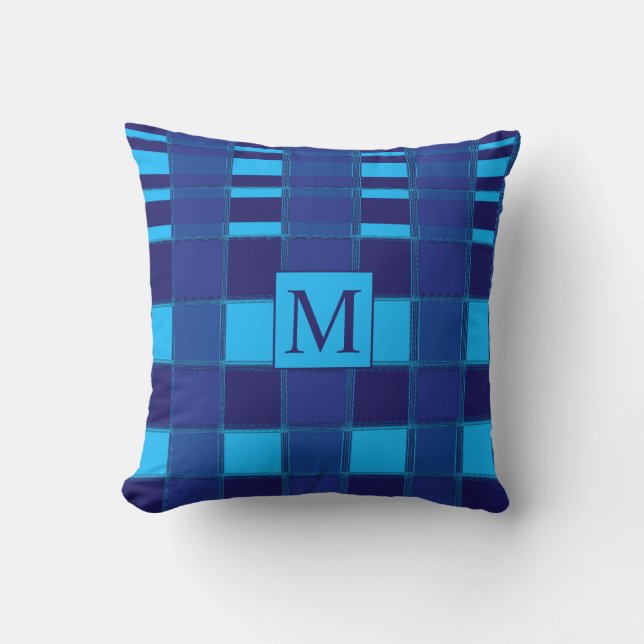  Blue Geometric Unique Gingham Patterns Monograms Throw Pillow (Front)