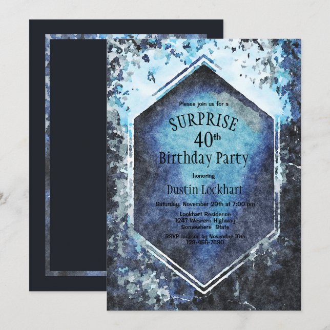 Blue Geometric Watercolor Surprise 40th Birthday Invitation (Front/Back)