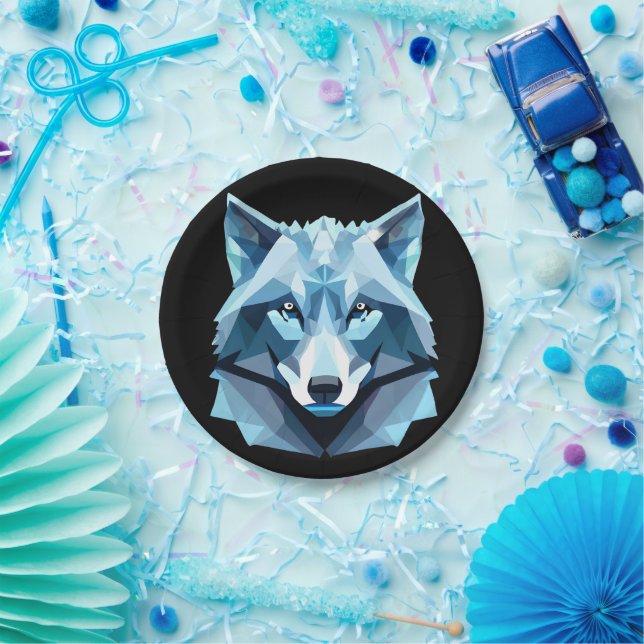 Blue Geometric Wolf Head Paper Plates (Party)
