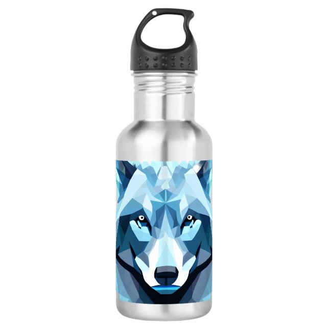 Blue Geometric Wolf Head Stainless Steel Water Bottle (Front)