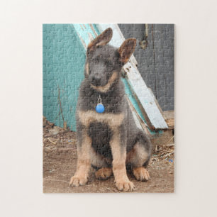 Blue German Shepherd Dog Teal Wood Jigsaw Puzzle