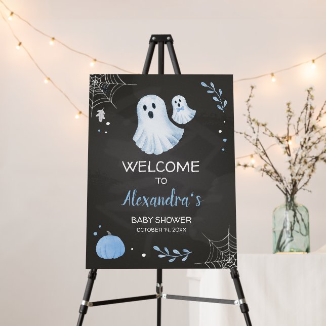 Blue Ghost Halloween Baby Shower Welcome Sign (In Situ (Stand))