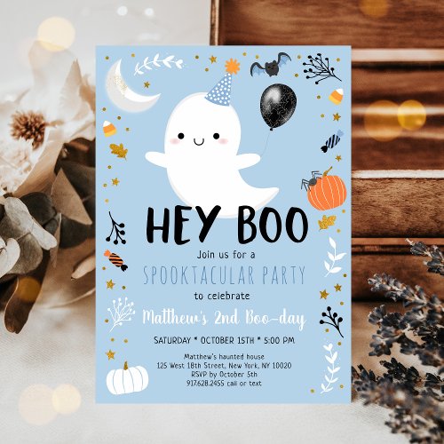 Blue Ghost Hey Boo Birthday Invitation