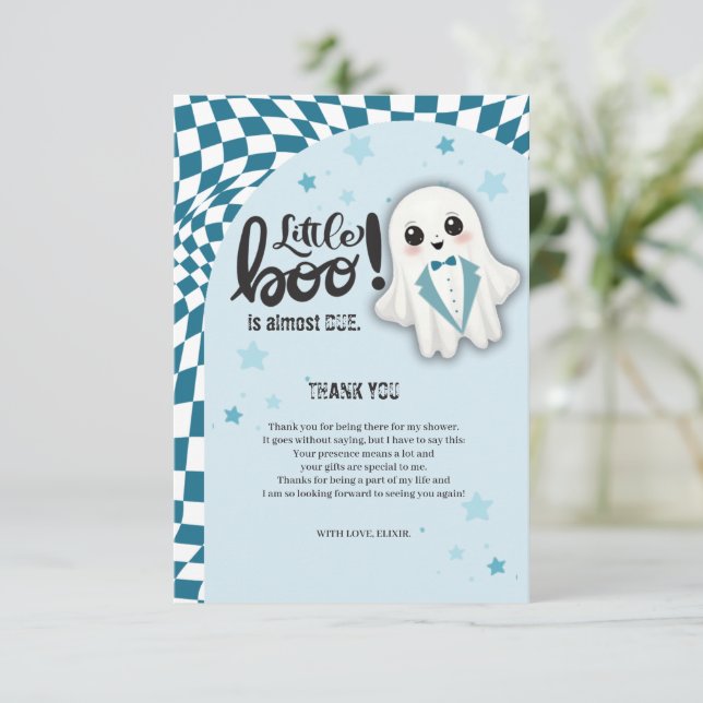 Blue Ghost Little Boo is almost due Baby Shower Thank You Card (Standing Front)