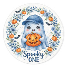 Blue Ghost Spooky ONE Pumpkin Sticker - Boy Hallow