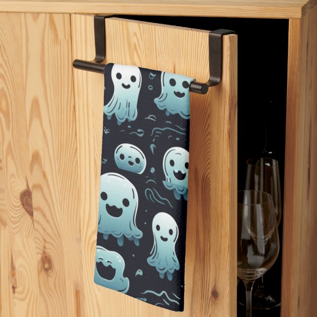 Blue Ghosts Cute Modern Adorable Black Halloween Kitchen Towel (Thirds Fold)