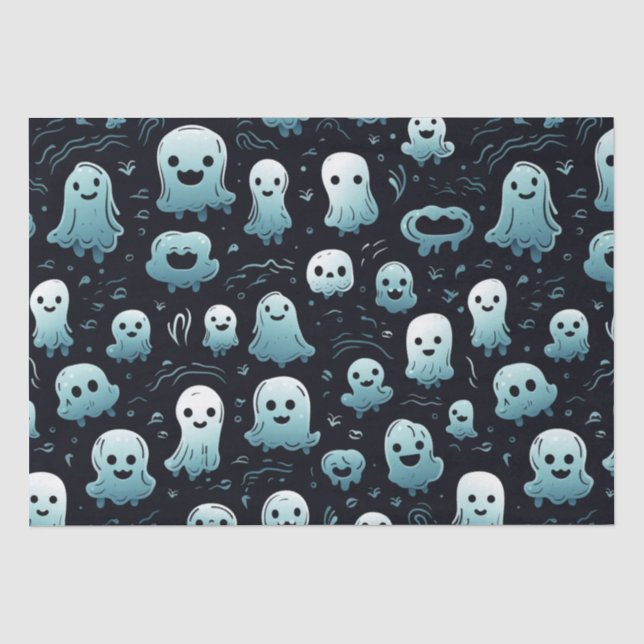 Blue Ghosts Cute Modern Adorable Black Halloween Tissue Paper (Front)
