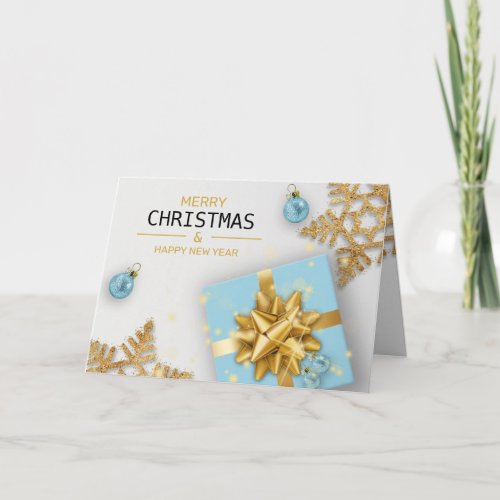Blue Gift Box Christmas Balls Gold Snowflakes Card