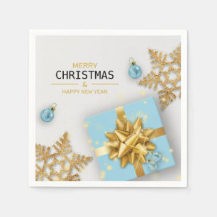 Blue Gift Box Christmas Balls Gold Snowflakes Napkins