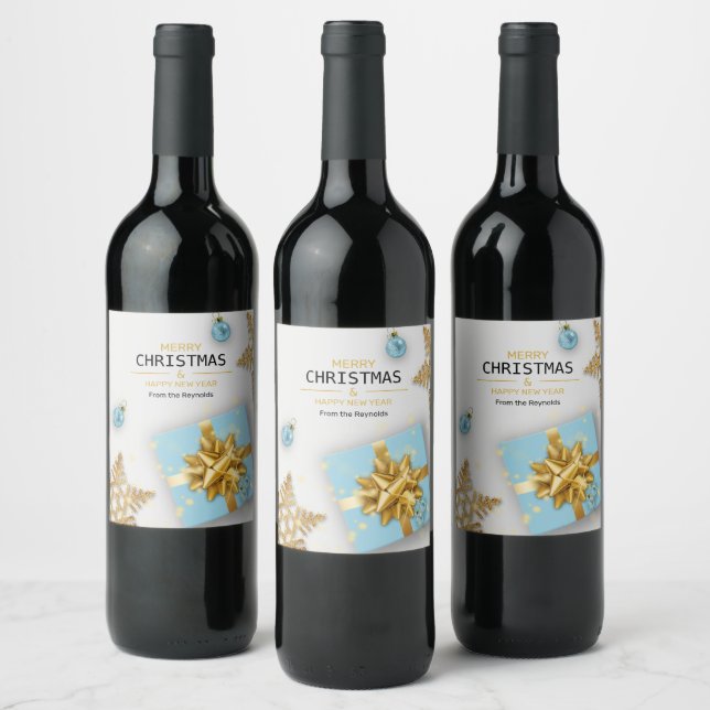 Blue Gift Box Gold Snowflakes Christmas Balls Wine Label (Bottles)