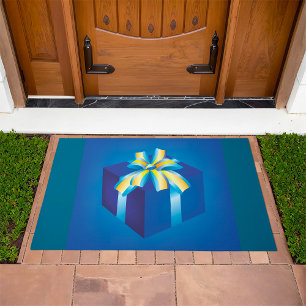 Blue Gift Box with Yellow and Aqua Ribbon Doormat