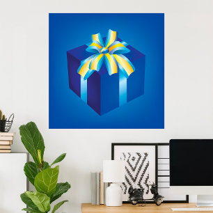 Blue Gift Box with Yellow and Aqua Ribbon  Poster