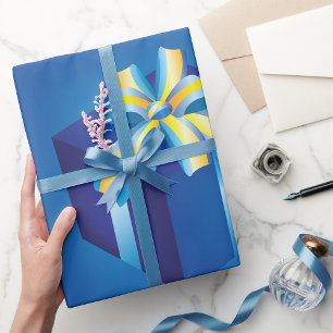 Blue Gift Box with Yellow and Aqua Ribbon Wrapping Paper
