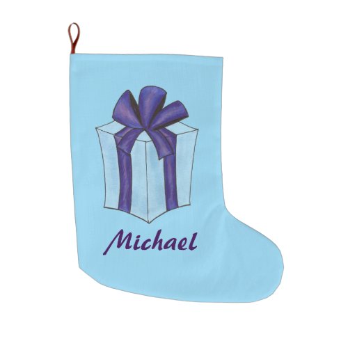 Blue Gift Christmas Hanukkah Holiday Present Bow Large Christmas Stocking