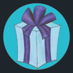 Blue Gift Present Bow Christmas Hanukkah Holiday Classic Round Sticker<br><div class="desc">Stickers feature an original marker illustration of a wrapped gift with bow,  printed on a blue background. Perfect for Christmas,  Hanukkah,  birthday party invitations,  and more.

Don't see what you're looking for? Need help with customization? Click "ask this designer" to have something created just for you.</div>