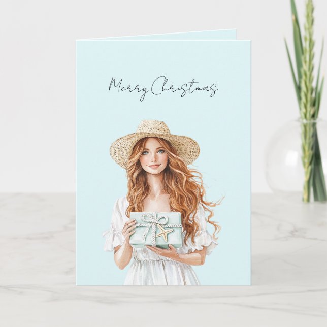 Blue Gift Red Hair Woman Christmas   Card (Front)