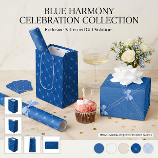 Blue Gift, White Polka Dots & Blue Bow Pattern Wrapping Paper