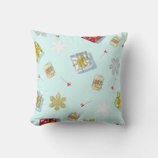 Blue Gifts and Candy Retro Style Christmas Throw Pillow