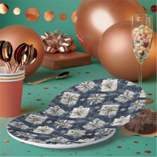 Blue Gifts Bows Silver Snowflakes Christmas Paper Plates