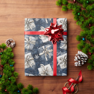 Blue Gifts Bows Silver Snowflakes Christmas Wrapping Paper