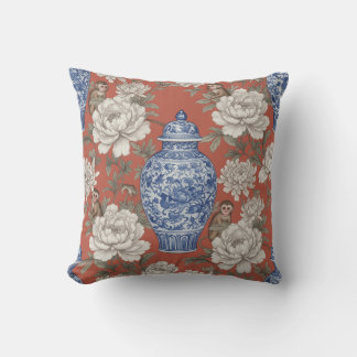 Blue Ginger Jar and Monkey Floral Pattern Throw Pillow