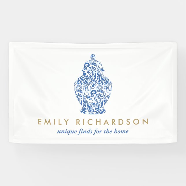 Blue Ginger Jar Pottery Logo Designer White/Blue Banner (Horizontal)