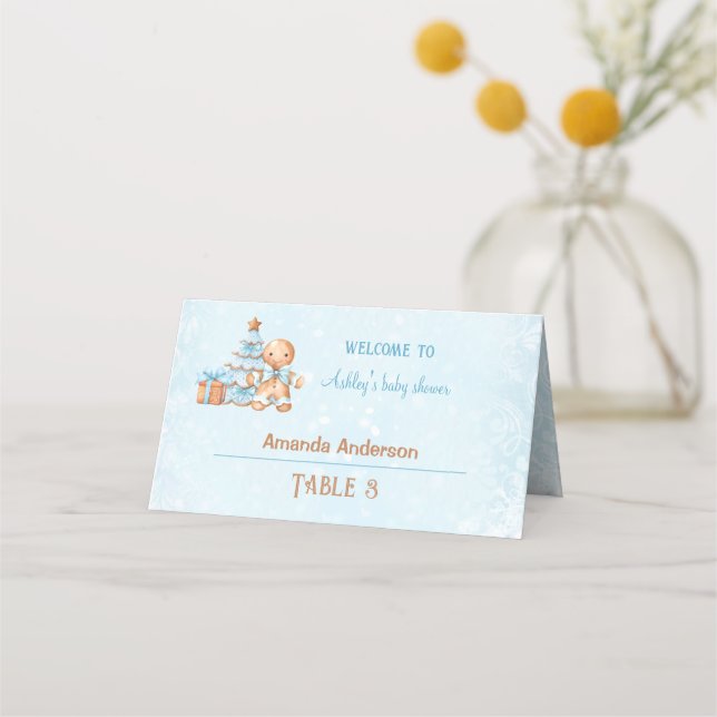 Blue Gingerbread Boy Christmas Baby Shower Tent Place Card (Front)