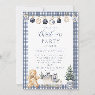 Blue Gingerbread Gingham Christmas Invitation