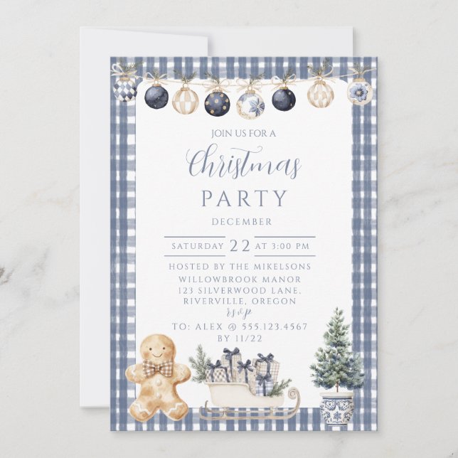 Blue Gingerbread Gingham Christmas Invitation (Front)