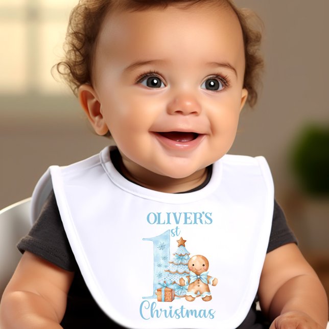 Blue Gingerbread Man Boy Name 1st Christmas Baby Bib (Blue Gingerbread Man Boy Name 1st Christmas Baby Bib)