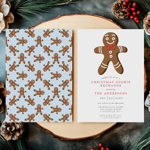 Blue Gingerbread Man Cookie Exchange Christmas Invitation