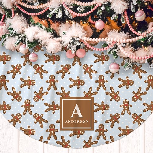 Blue Gingerbread Man Monogram Christmas Brushed Polyester Tree Skirt