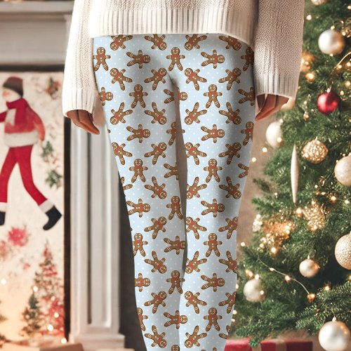 Blue Gingerbread Man Polka Dot Christmas Leggings